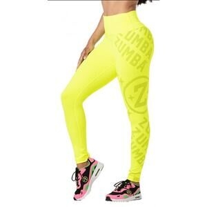 Zumba Smiles High Waisted Ankle Leggings Caution Yellow Compression Size Medium